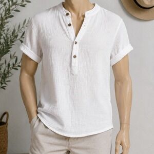 Unbranded Mens Henley Shirt Off White Cotton Gauze Short Sleeve S